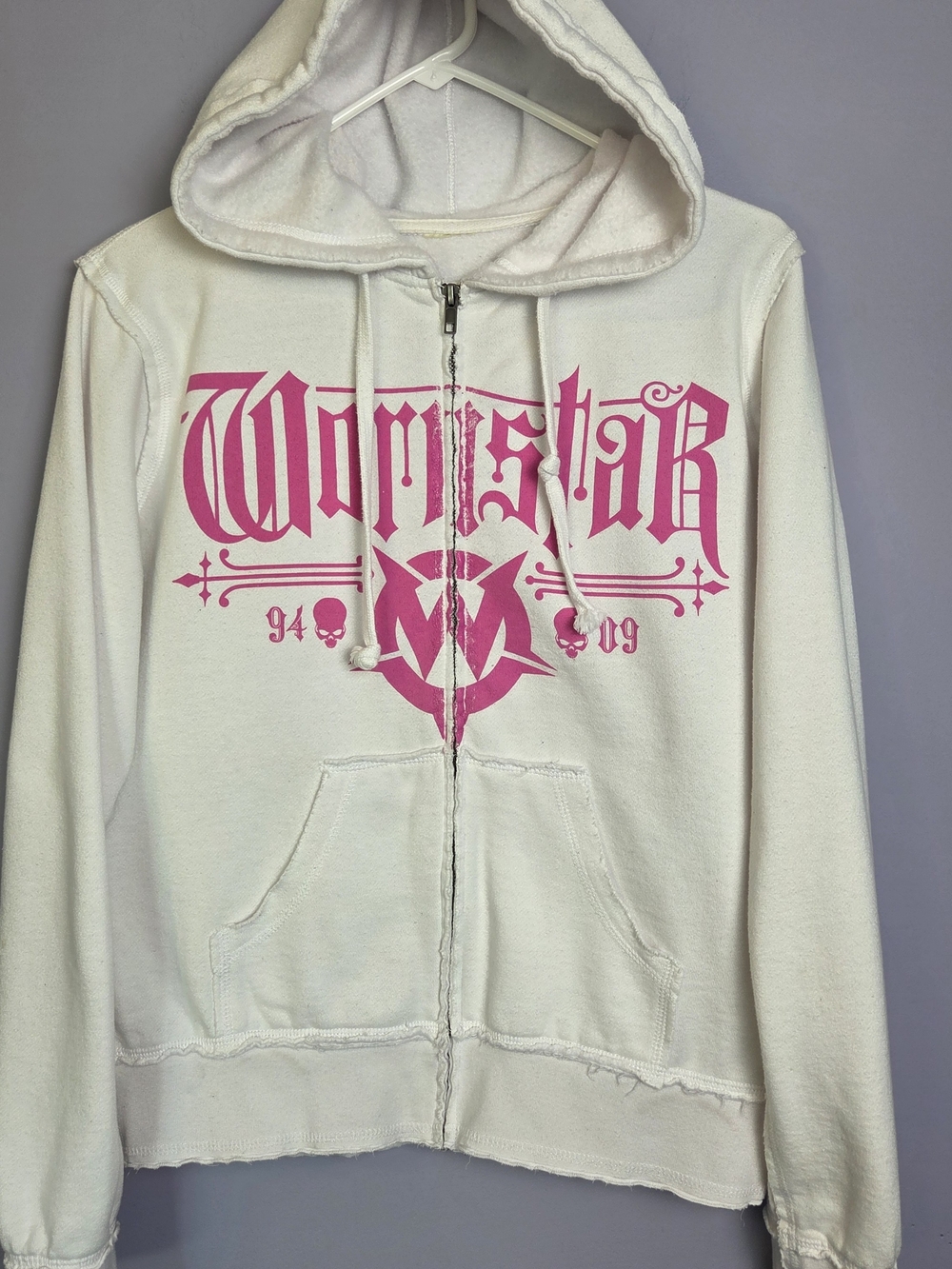 *RARE* Wornstar Transform Zipup Hoodie Womens L White Pink Raw Hem Retired Style